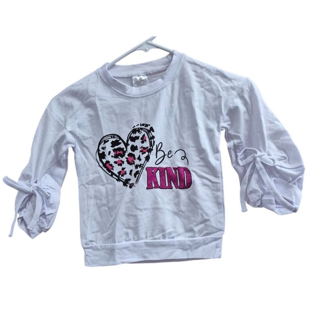 Girls White "Be Kind" Sweatshirt With Heart Graphic & Bow Sleeves 4T